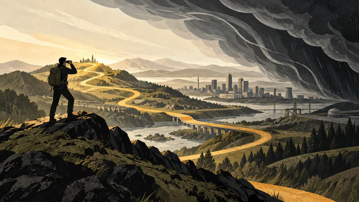 Illustration: Ein Beobachter mit Fernglas blickt vom Felsen über einen Weg durch die Landschaft zu einer Stadt mit kritischer Infrastruktur, über der ein Sturm aufzieht.
